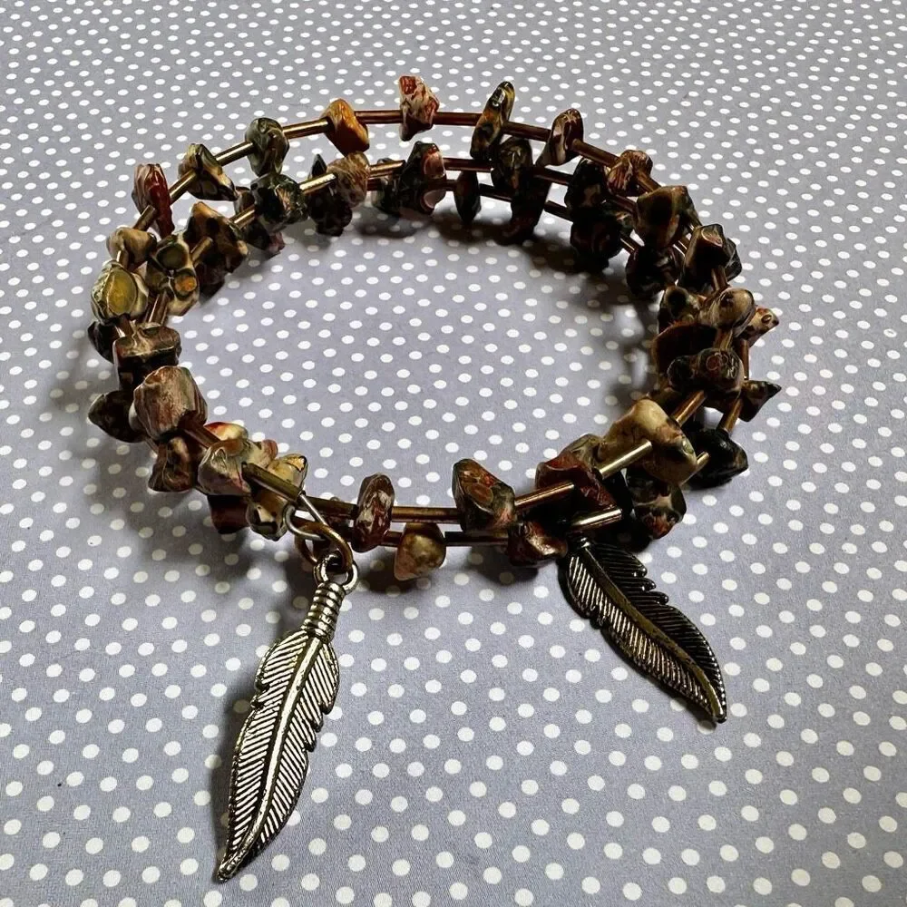 Leopard skin Jasper wrap around leaf charm bracelet